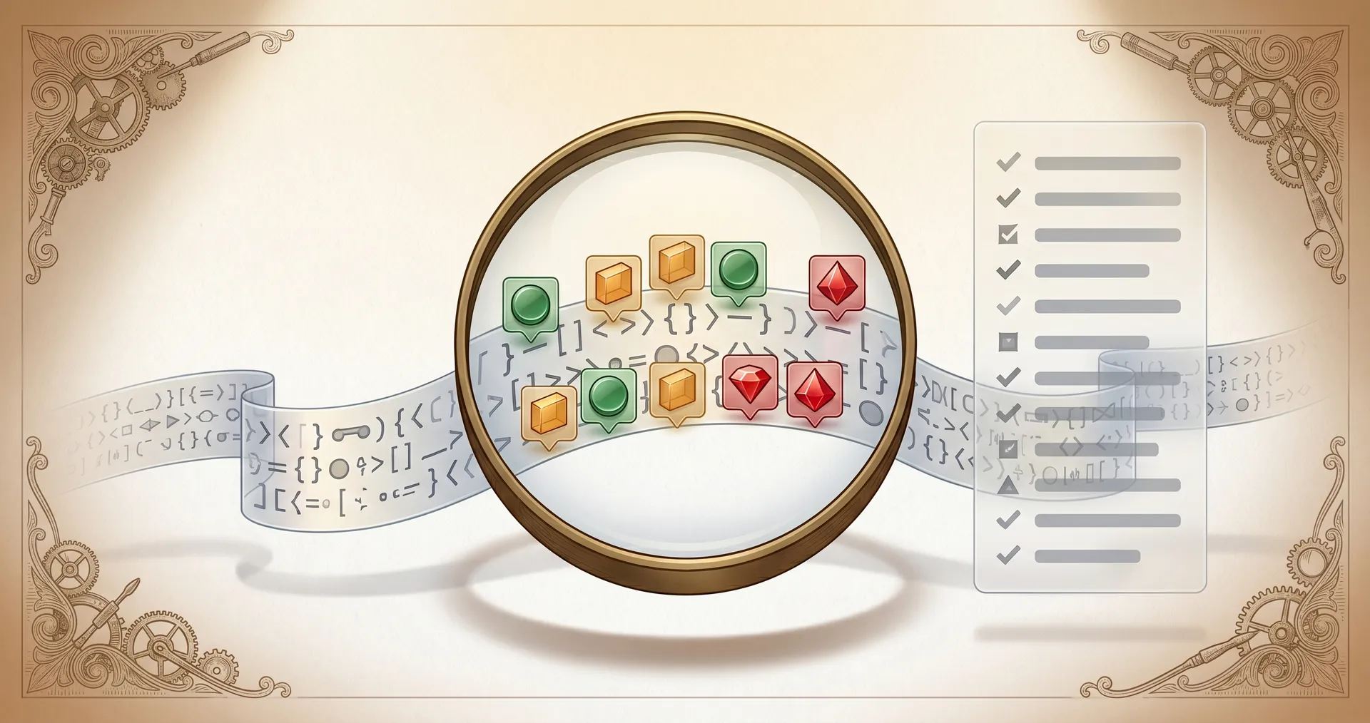 Magnifying glass over a code diff with a 12-item checklist panel showing green ticks, amber warnings, and red crosses
