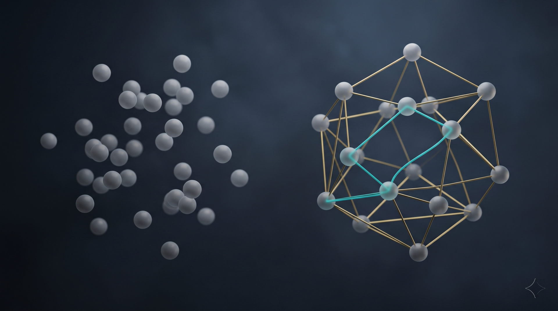 A loose cloud of unlinked document dots beside the same entities as a connected labeled graph with one path traced