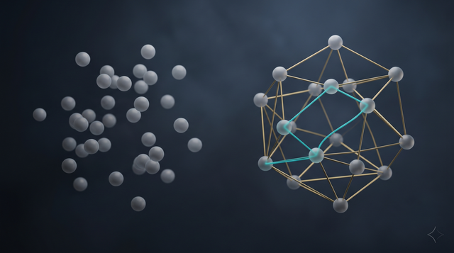 A loose cloud of unlinked document dots beside the same entities as a connected labeled graph with one path traced