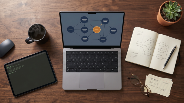 Developer's desk with a code knowledge graph on screen and a hand-drawn architecture diagram in a notebook