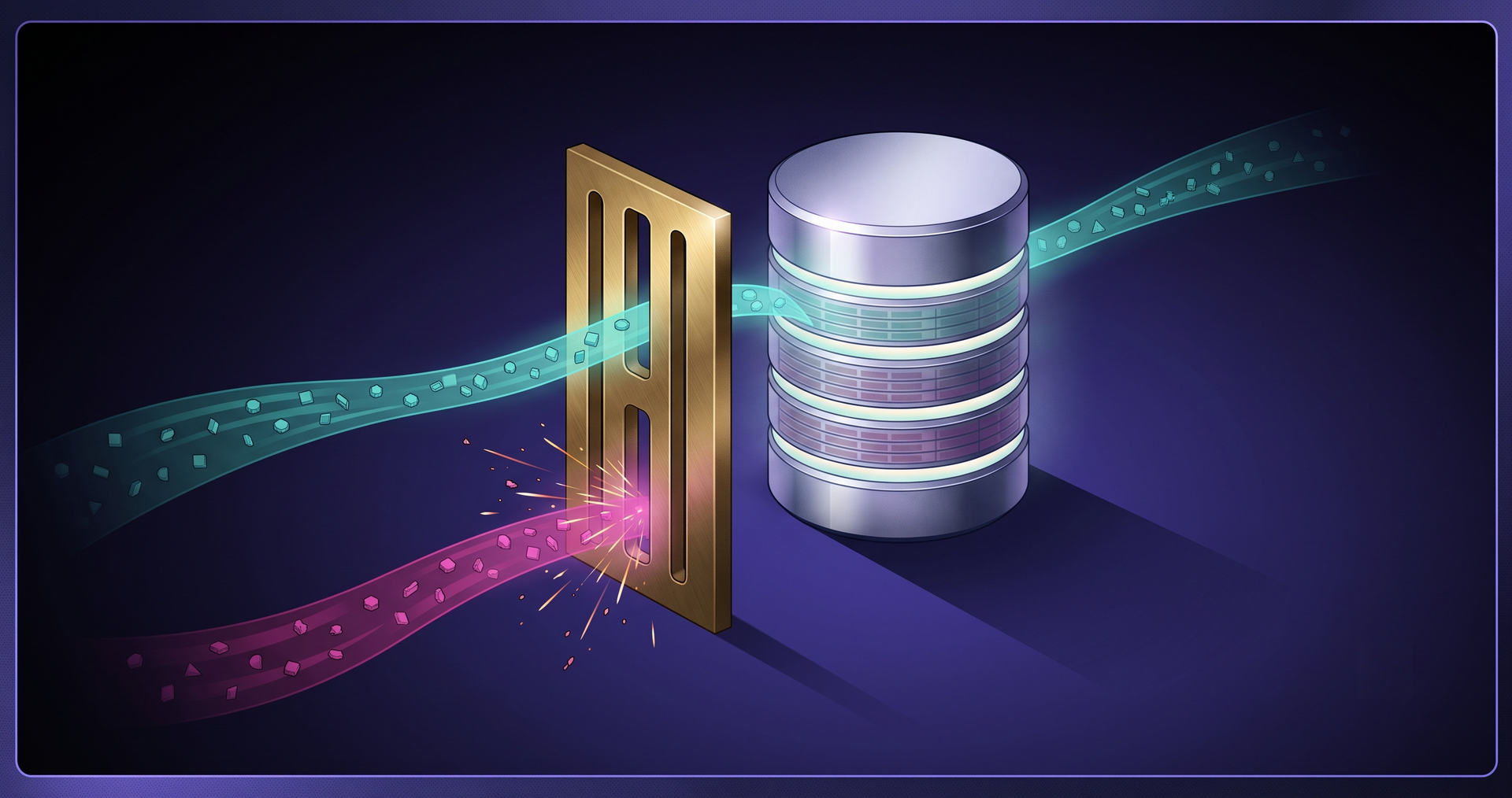 A single Postgres database with two tenant lanes flowing in. A policy gate sits in the middle. Tenant A passes through, Tenant B bounces off.