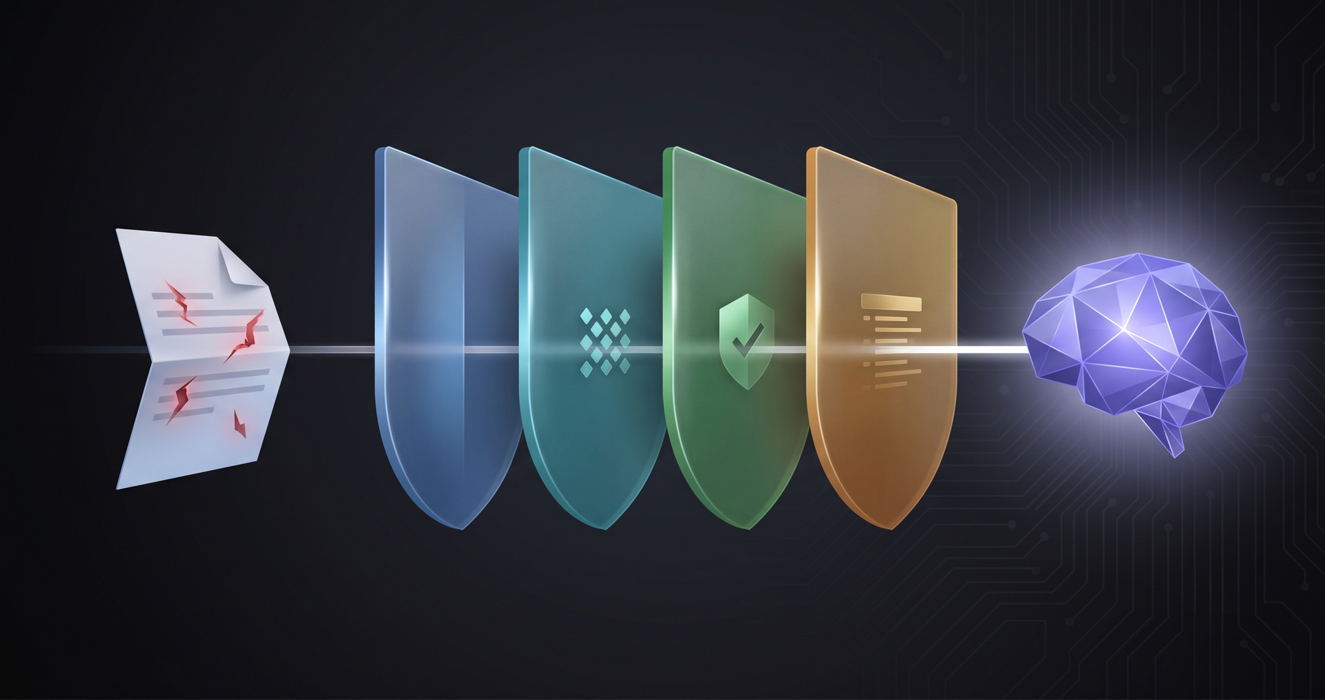 A user-uploaded document icon flowing into an AI model, with four labeled defensive shields between them for separation, allowlist, validation, and audit logging.