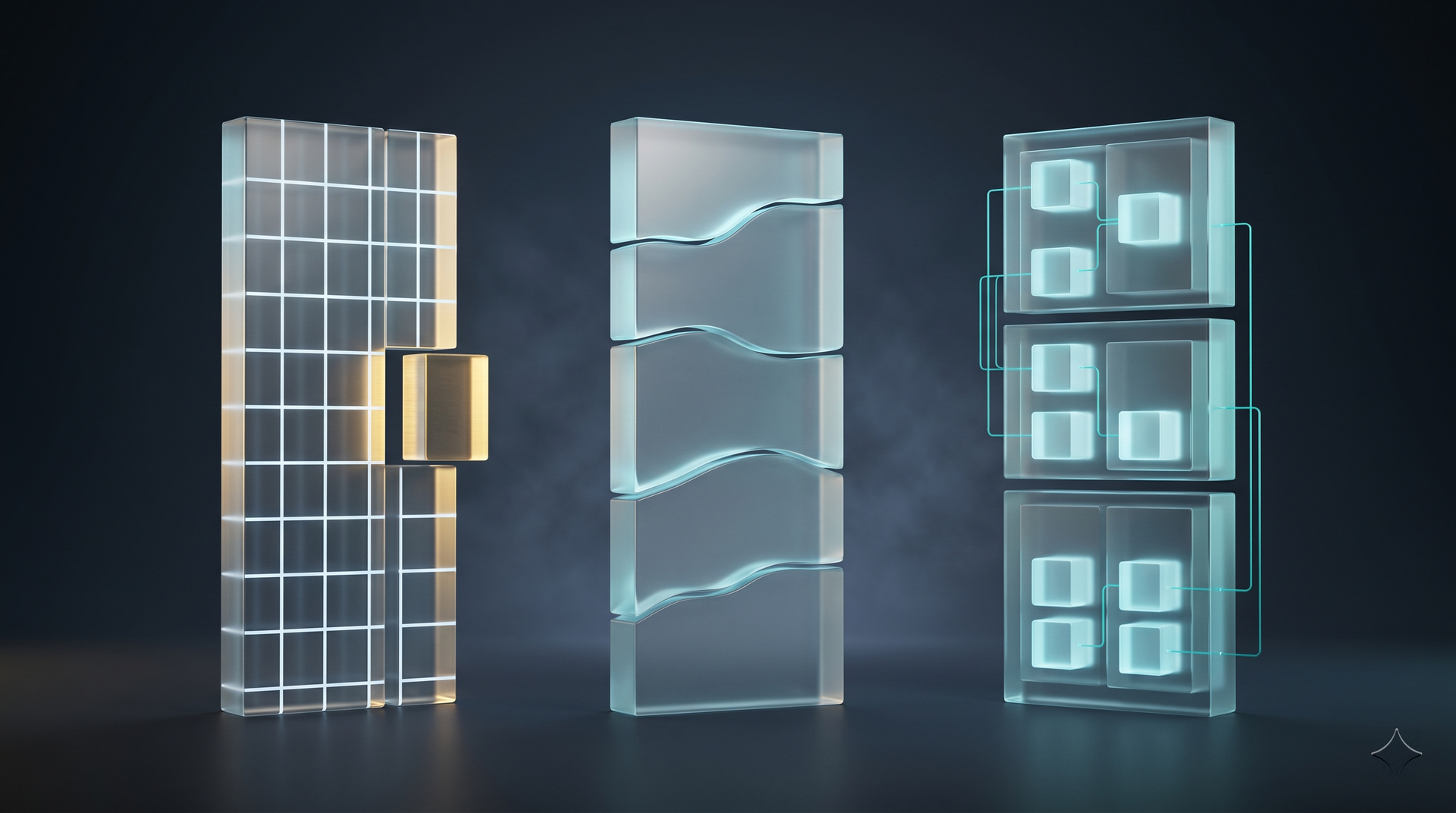 One document split three ways, a rigid grid, soft topic seams, and small blocks nested inside larger parent blocks.