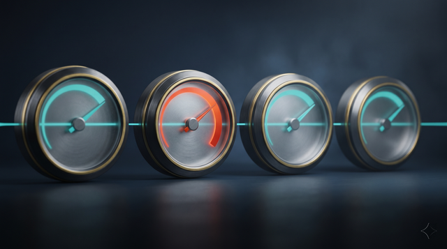 A four-stage RAG pipeline drawn as linked gauges with only the retrieval gauge in the red zone.