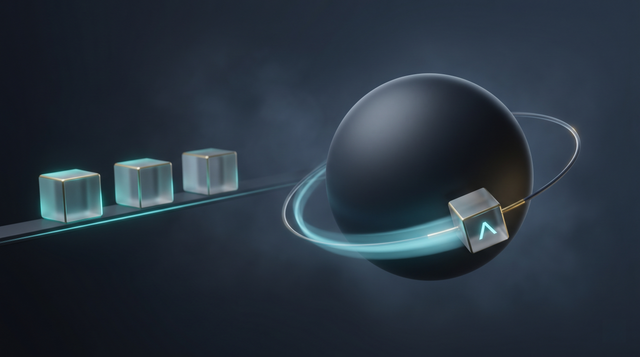 A single editor tile pulled into one corporate sphere's orbit while rival code-tool tiles stay clear of the gravity well