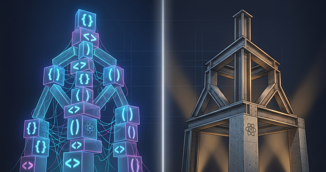Split-frame illustration of a stacked-box React prototype on the left and the same structure rebuilt as steel beams on the right