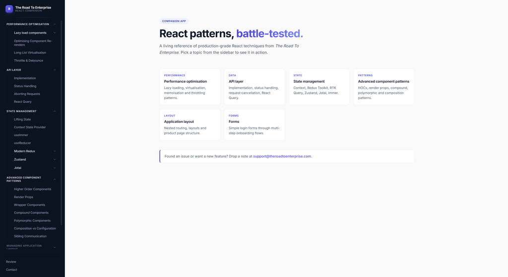 Companion app — every code example as a runnable React project